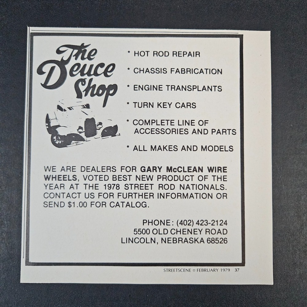 1979 Deuce Shop Repair Fab Shop Vintage Print Ad Lincoln NE Turn Key Cars Garage